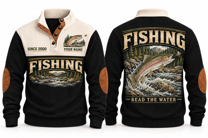 Read the Water personalized fishing sports sweatshirt in Black, front and back