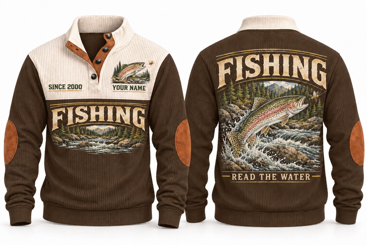 Read the Water personalized fishing sports sweatshirt in Brown, front and back