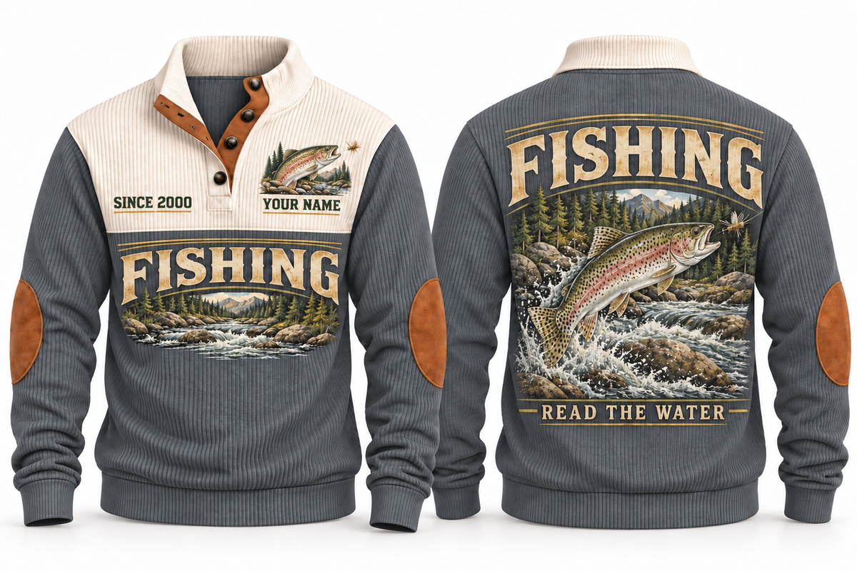 Read the Water personalized fishing sports sweatshirt in Grey, front and back