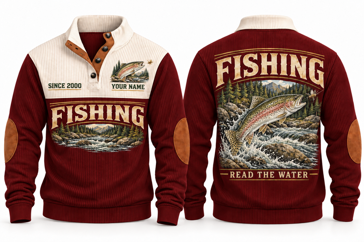 Read the Water personalized fishing sports sweatshirt in Jujube Red, front and back
