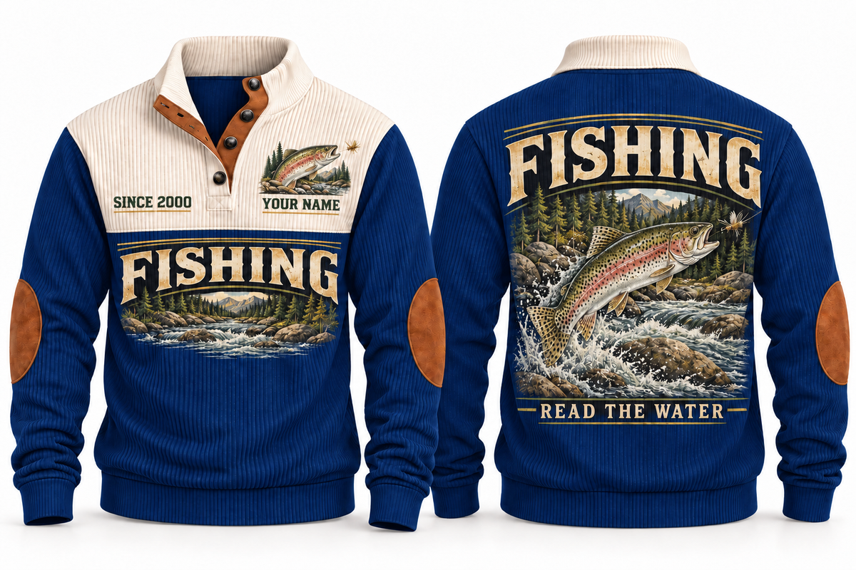 Read the Water personalized fishing sports sweatshirt in Navy, front and back