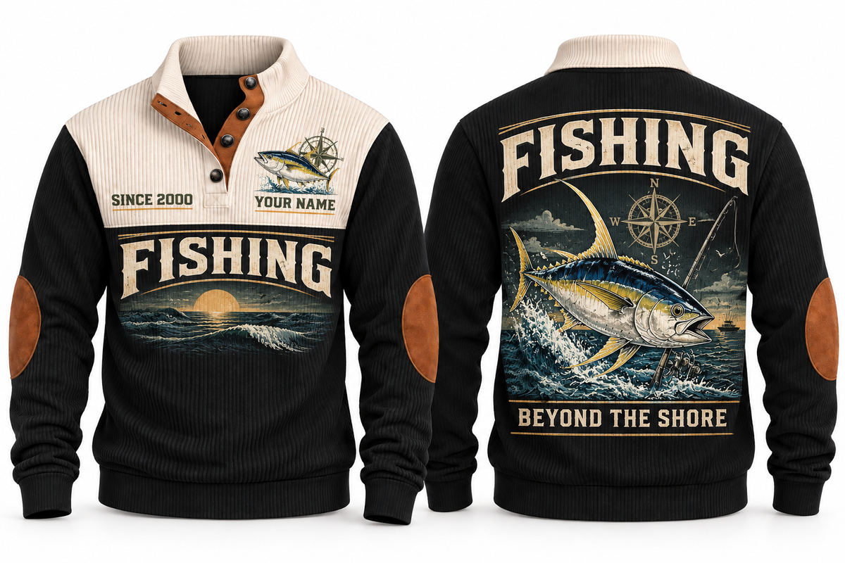 Beyond the Shore personalized fishing sports sweatshirt in Black, front and back