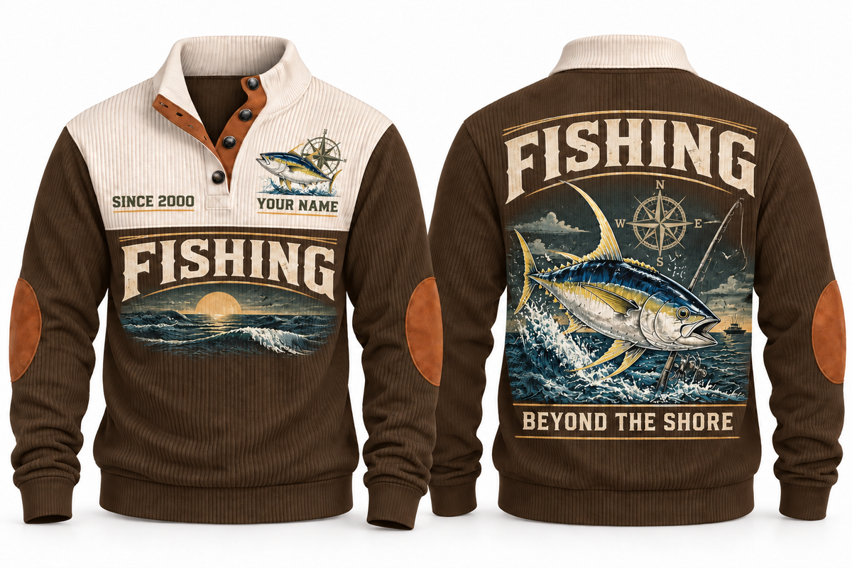 Beyond the Shore personalized fishing sports sweatshirt in Brown, front and back