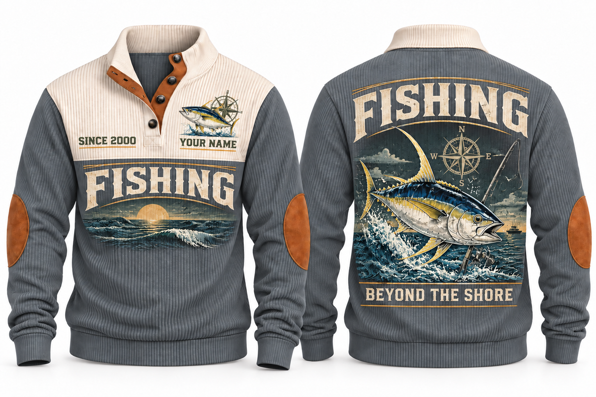Beyond the Shore personalized fishing sports sweatshirt in Grey, front and back