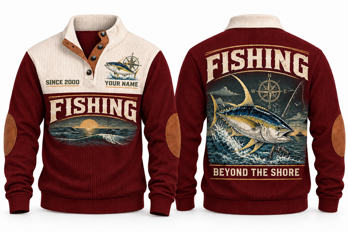 Beyond the Shore personalized fishing sports sweatshirt in Jujube Red, front and back