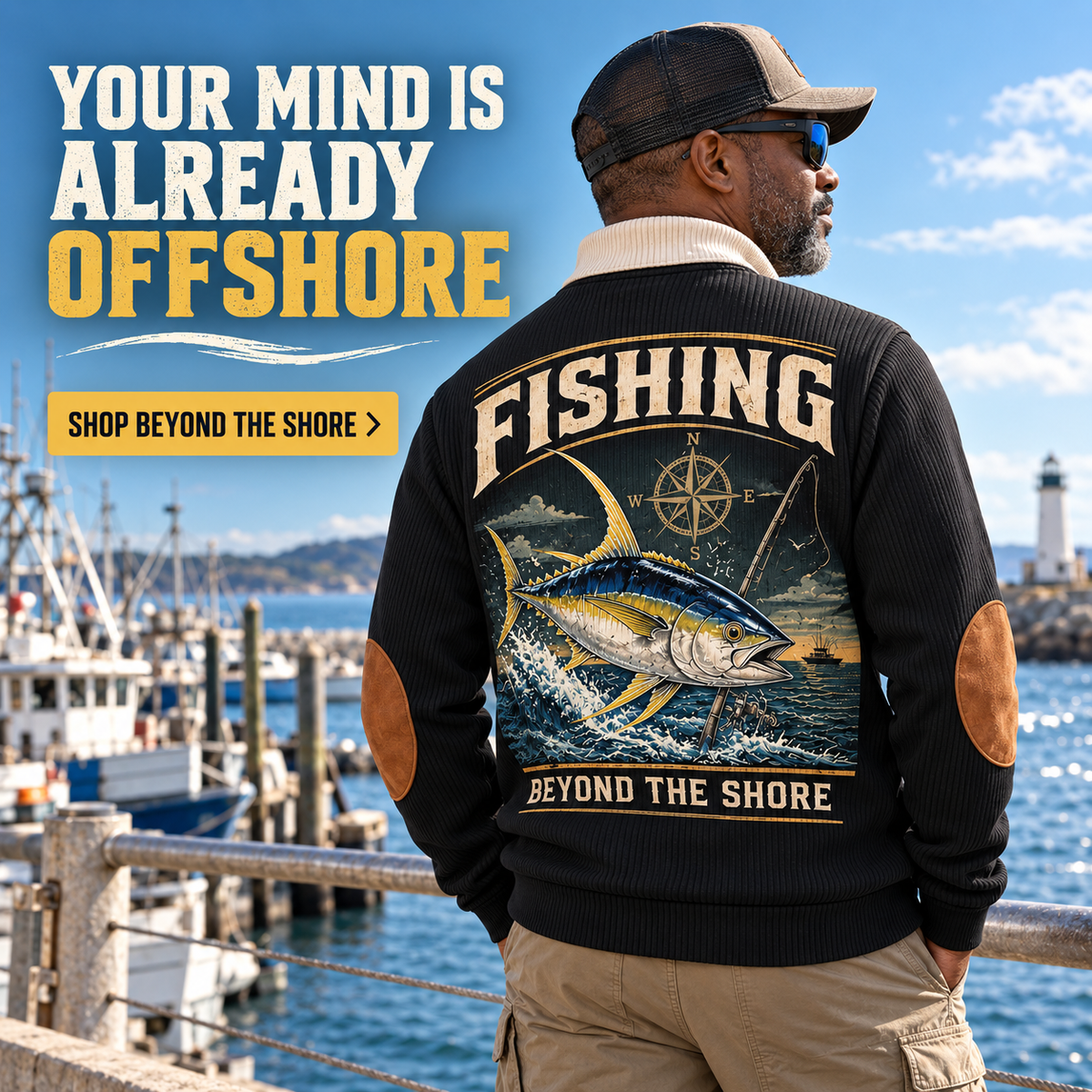 Beyond the Shore | Fishing Personalized Sports Sweatshirt lifestyle mockup in Black