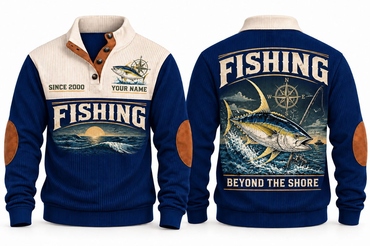 Beyond the Shore personalized fishing sports sweatshirt in Navy, front and back