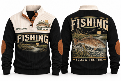 Follow the Tide personalized fishing sports sweatshirt in Black, front and back