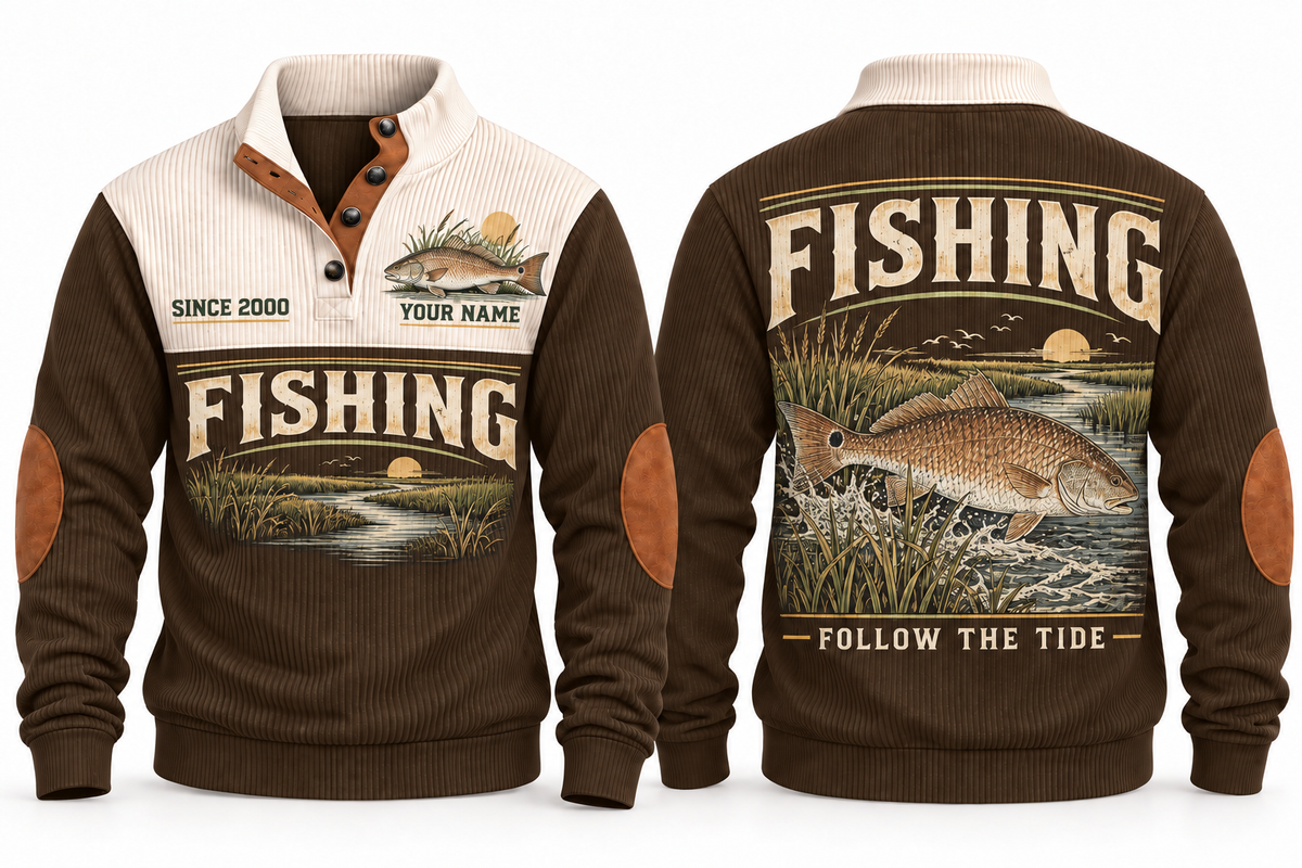 Follow the Tide personalized fishing sports sweatshirt in Brown, front and back