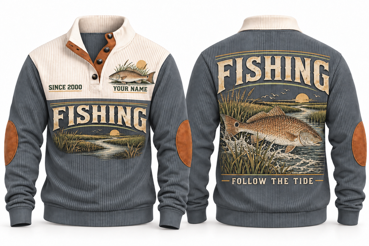 Follow the Tide personalized fishing sports sweatshirt in Grey, front and back