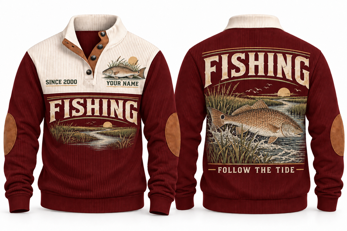 Follow the Tide personalized fishing sports sweatshirt in Jujube Red, front and back