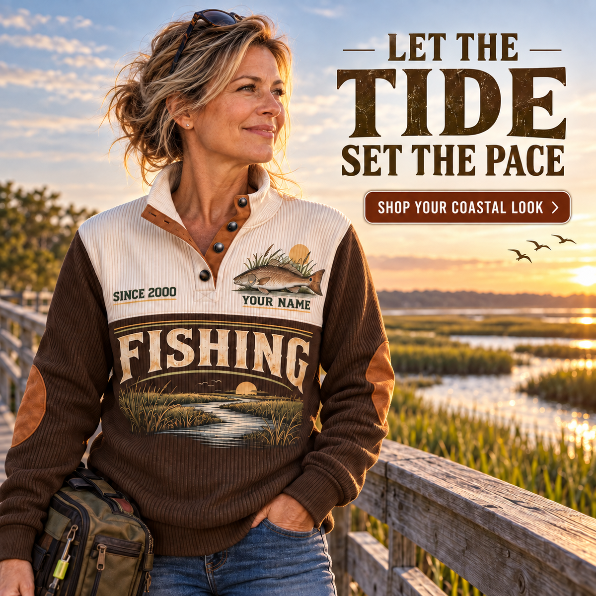 Follow the Tide | Fishing Personalized Sports Sweatshirt lifestyle mockup in Brown