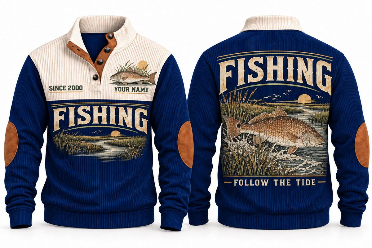 Follow the Tide personalized fishing sports sweatshirt in Navy, front and back