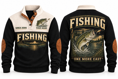 One More Cast personalized fishing sports sweatshirt in Black, front and back