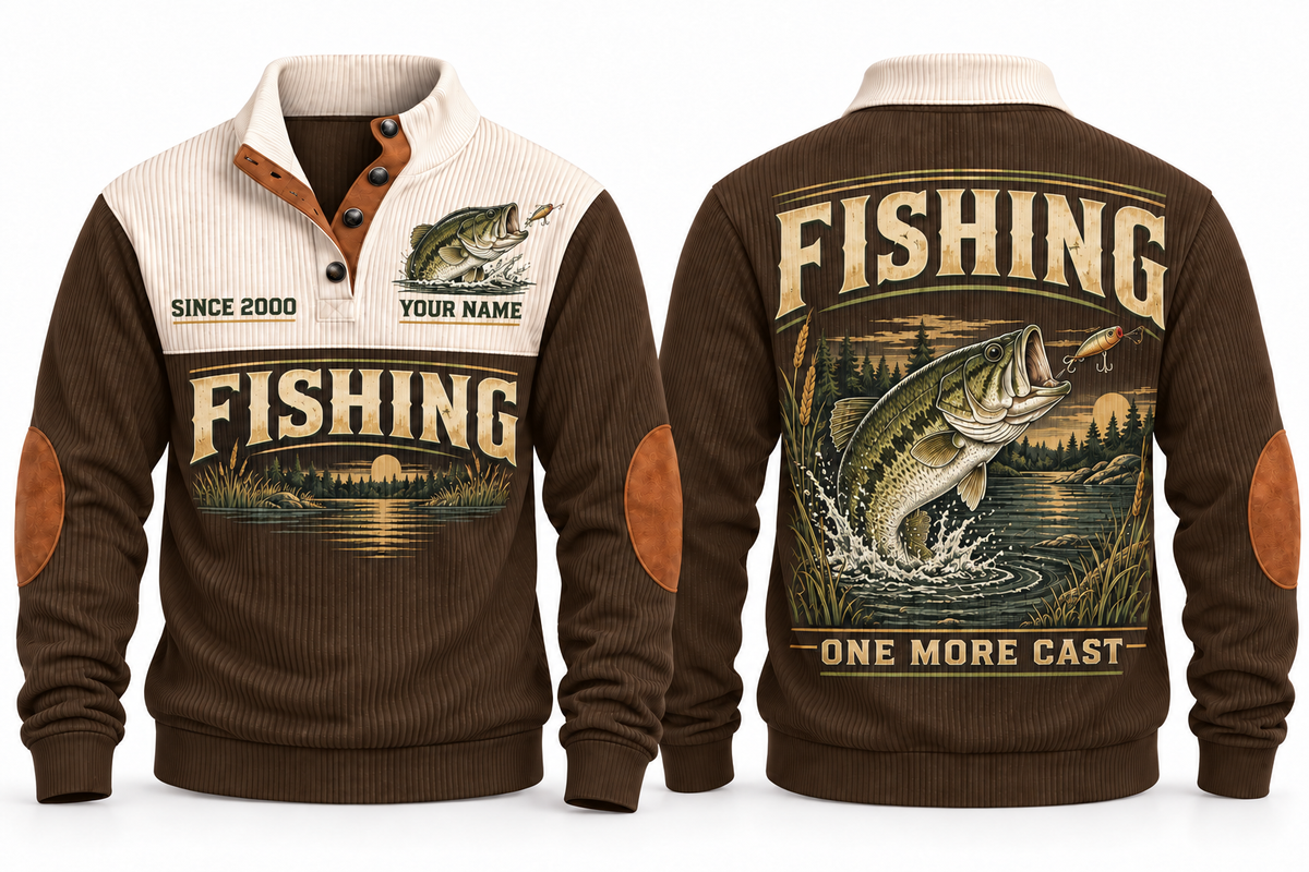One More Cast personalized fishing sports sweatshirt in Brown, front and back