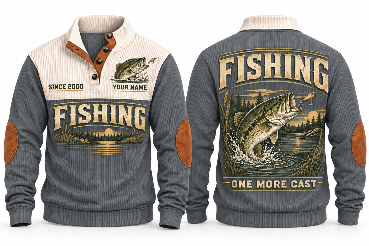 One More Cast personalized fishing sports sweatshirt in Grey, front and back