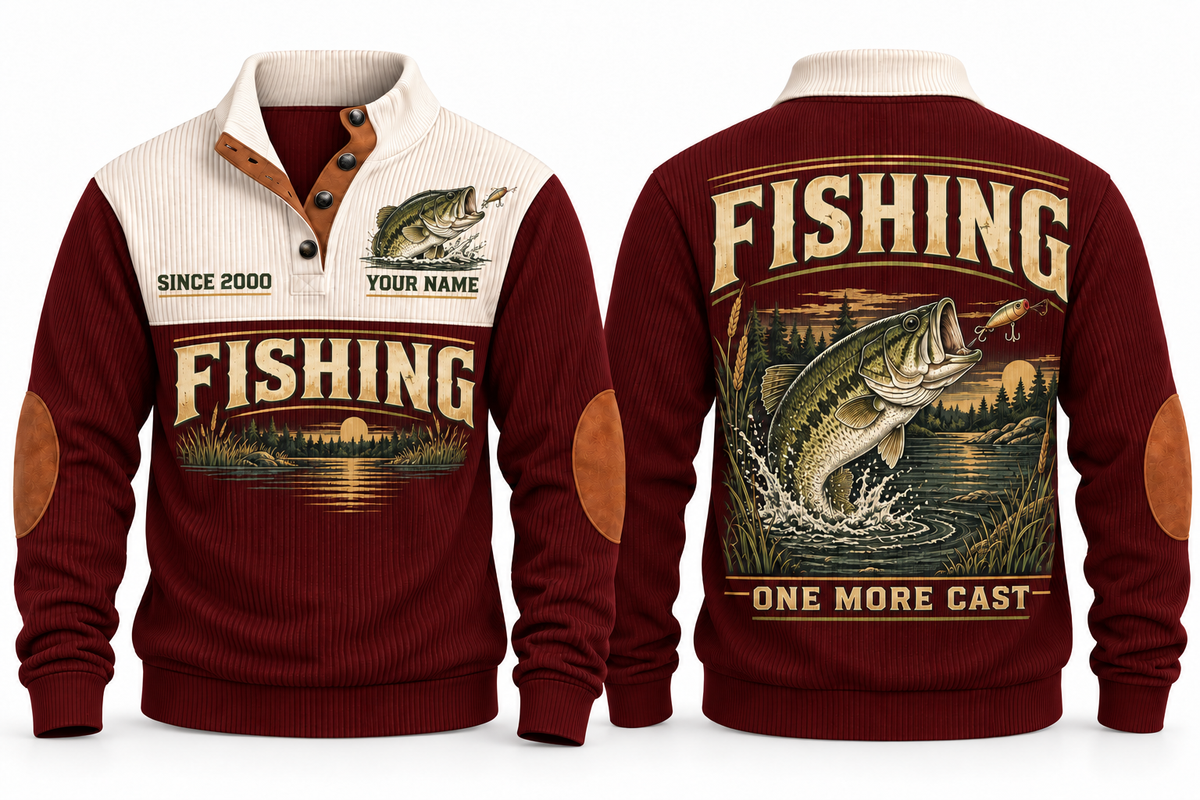 One More Cast personalized fishing sports sweatshirt in Jujube Red, front and back