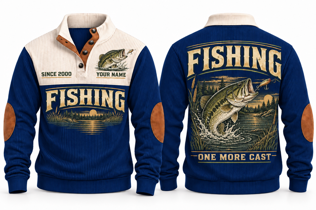One More Cast personalized fishing sports sweatshirt in Navy, front and back