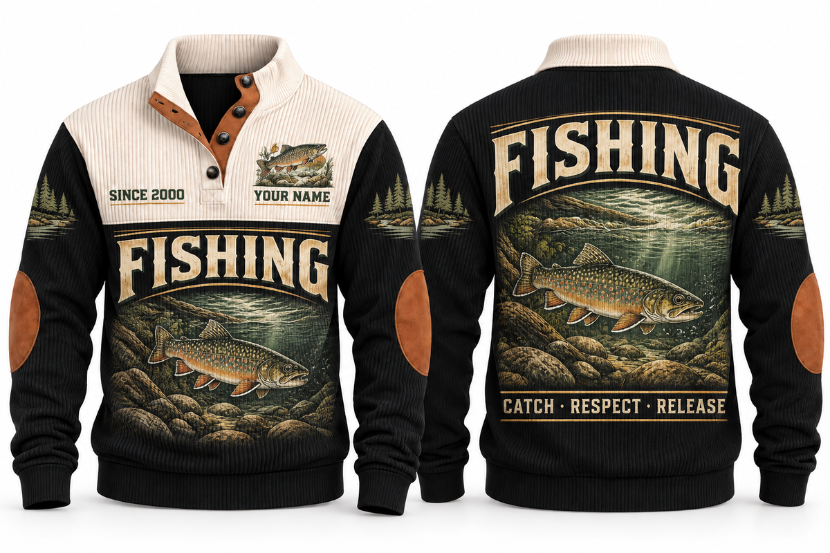 Catch · Respect · Release personalized fishing sports sweatshirt in Black, front and back