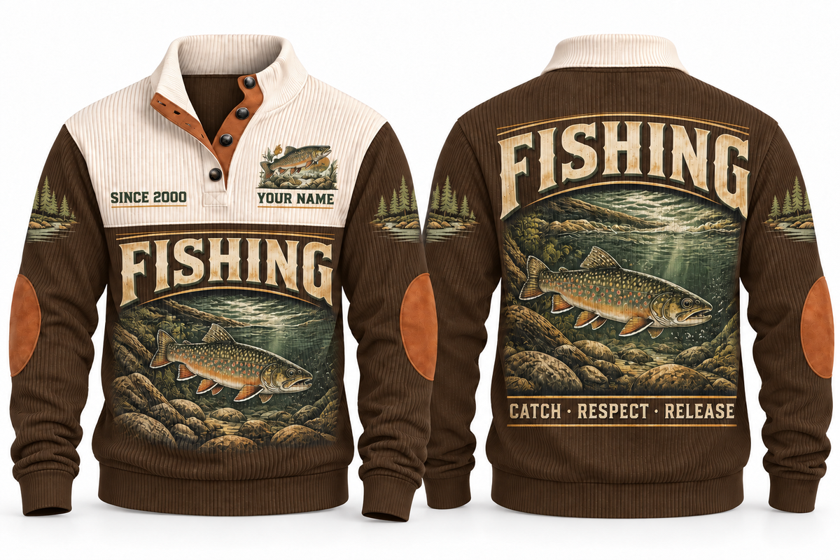 Catch · Respect · Release personalized fishing sports sweatshirt in Brown, front and back