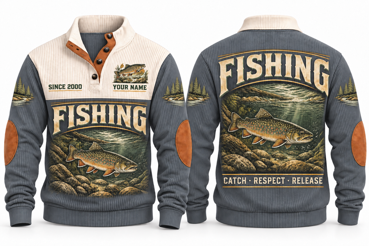 Catch · Respect · Release personalized fishing sports sweatshirt in Grey, front and back