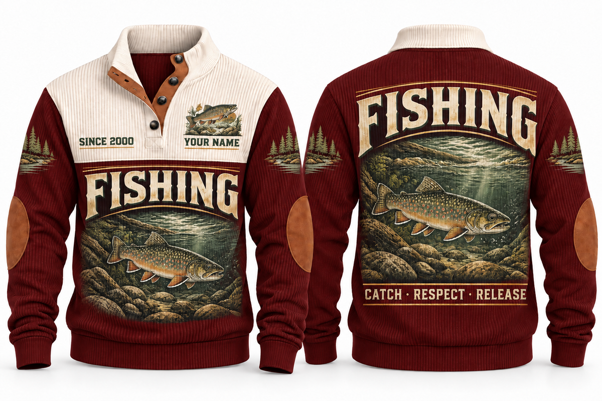 Catch · Respect · Release personalized fishing sports sweatshirt in Jujube Red, front and back