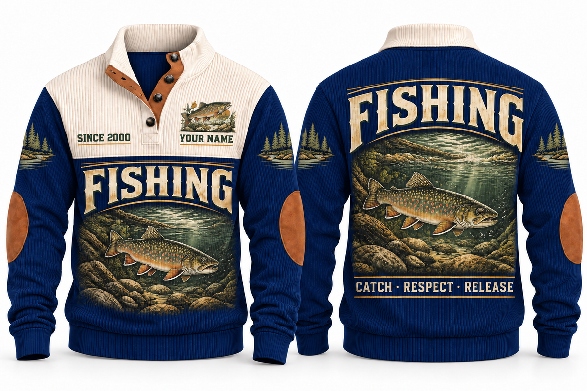 Catch · Respect · Release personalized fishing sports sweatshirt in Navy, front and back