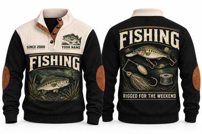 Rigged for the Weekend personalized fishing sports sweatshirt in Black, front and back