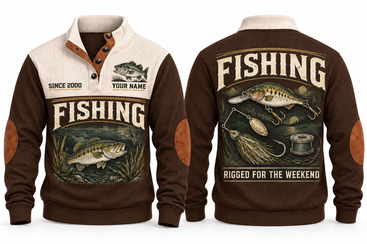 Rigged for the Weekend personalized fishing sports sweatshirt in Brown, front and back