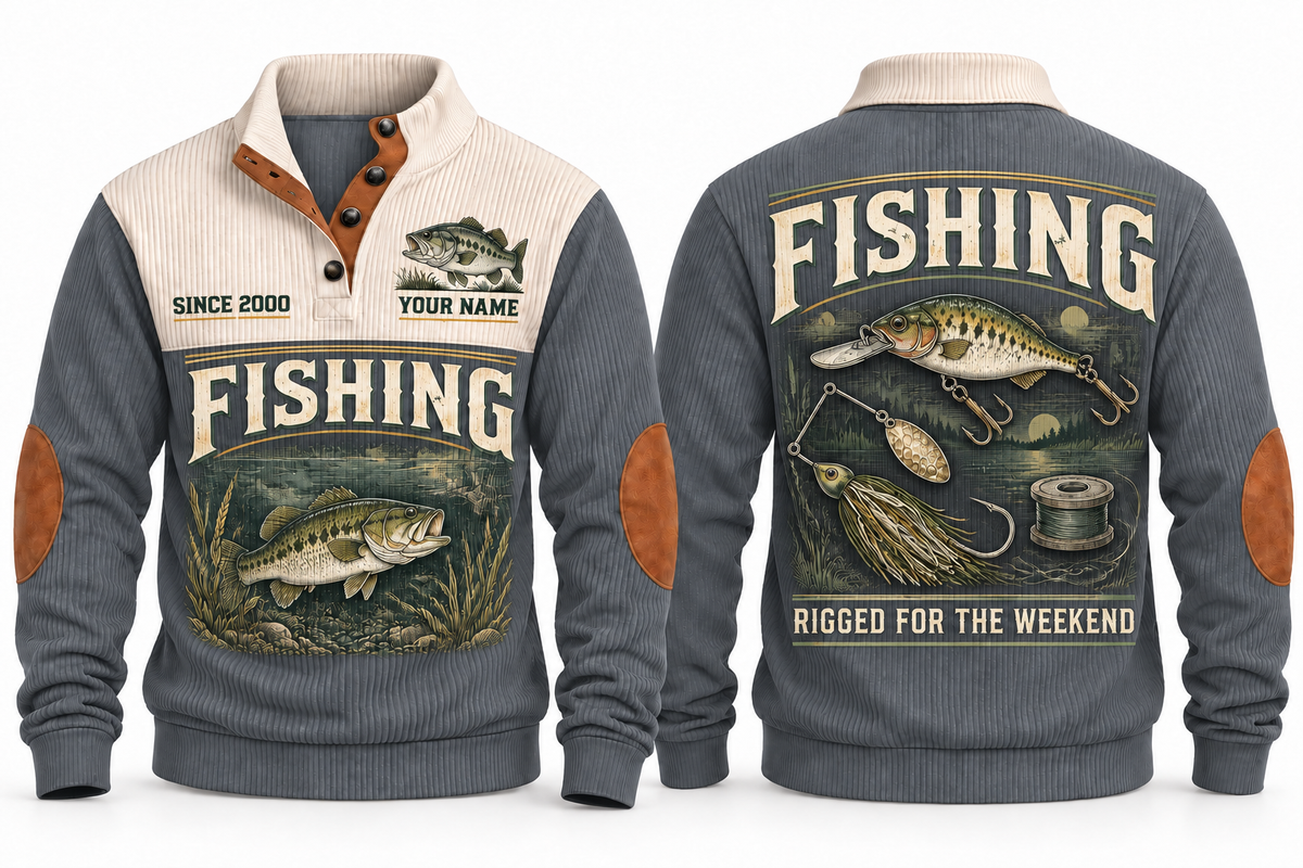 Rigged for the Weekend personalized fishing sports sweatshirt in Grey, front and back