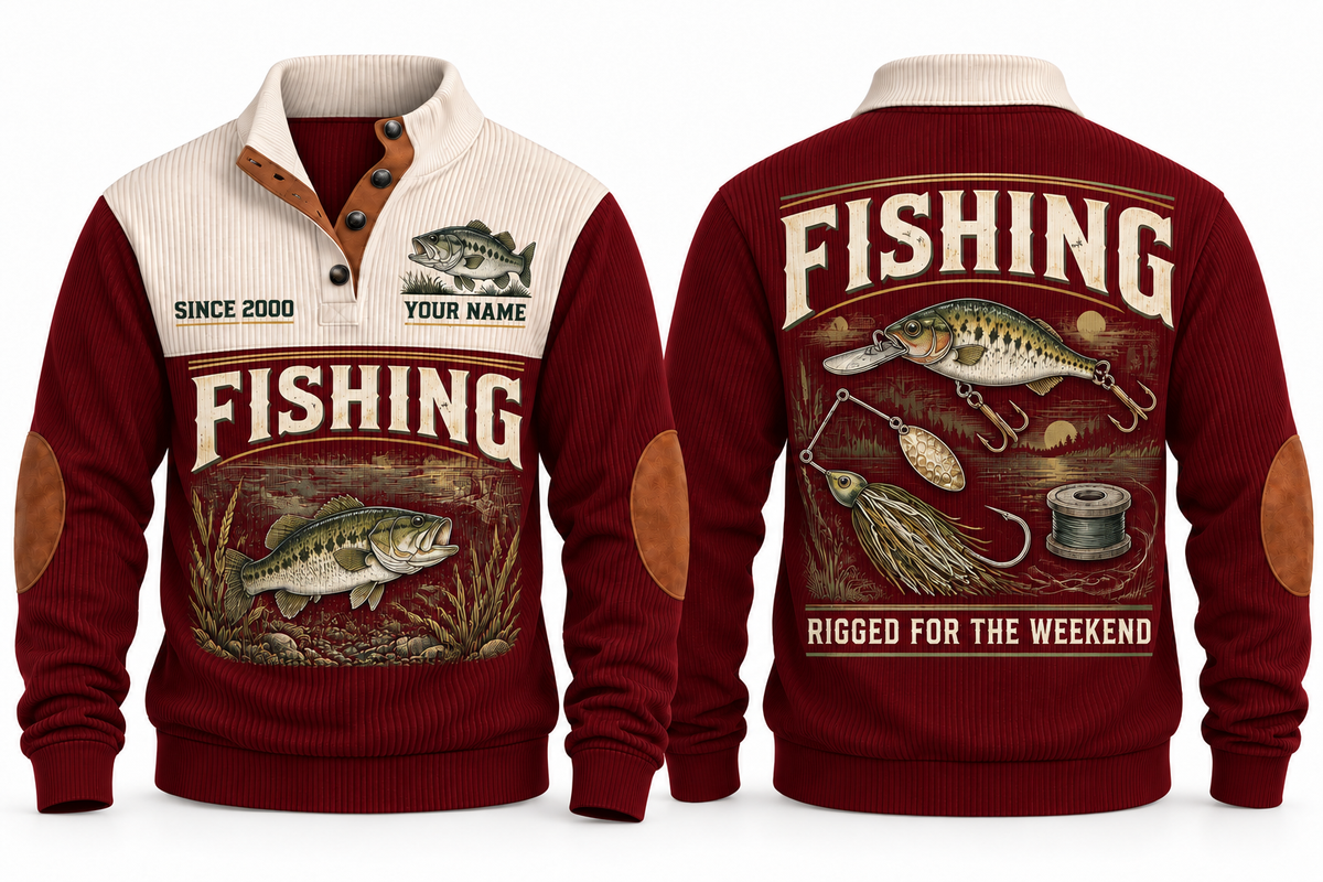 Rigged for the Weekend personalized fishing sports sweatshirt in Jujube Red, front and back