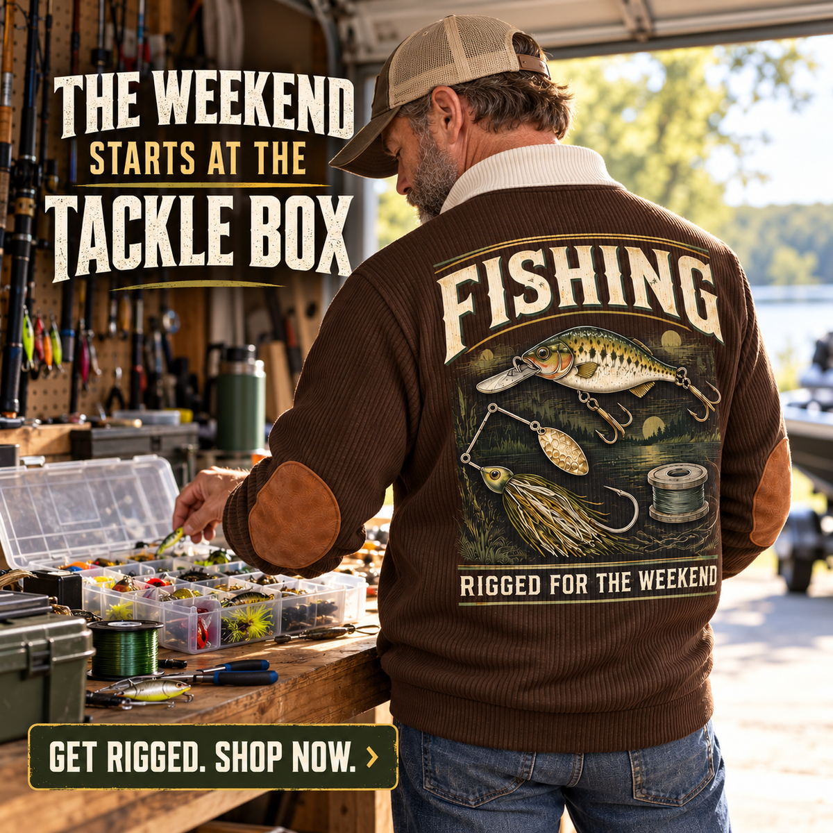 Rigged for the Weekend | Fishing Personalized Sports Sweatshirt lifestyle mockup in Brown