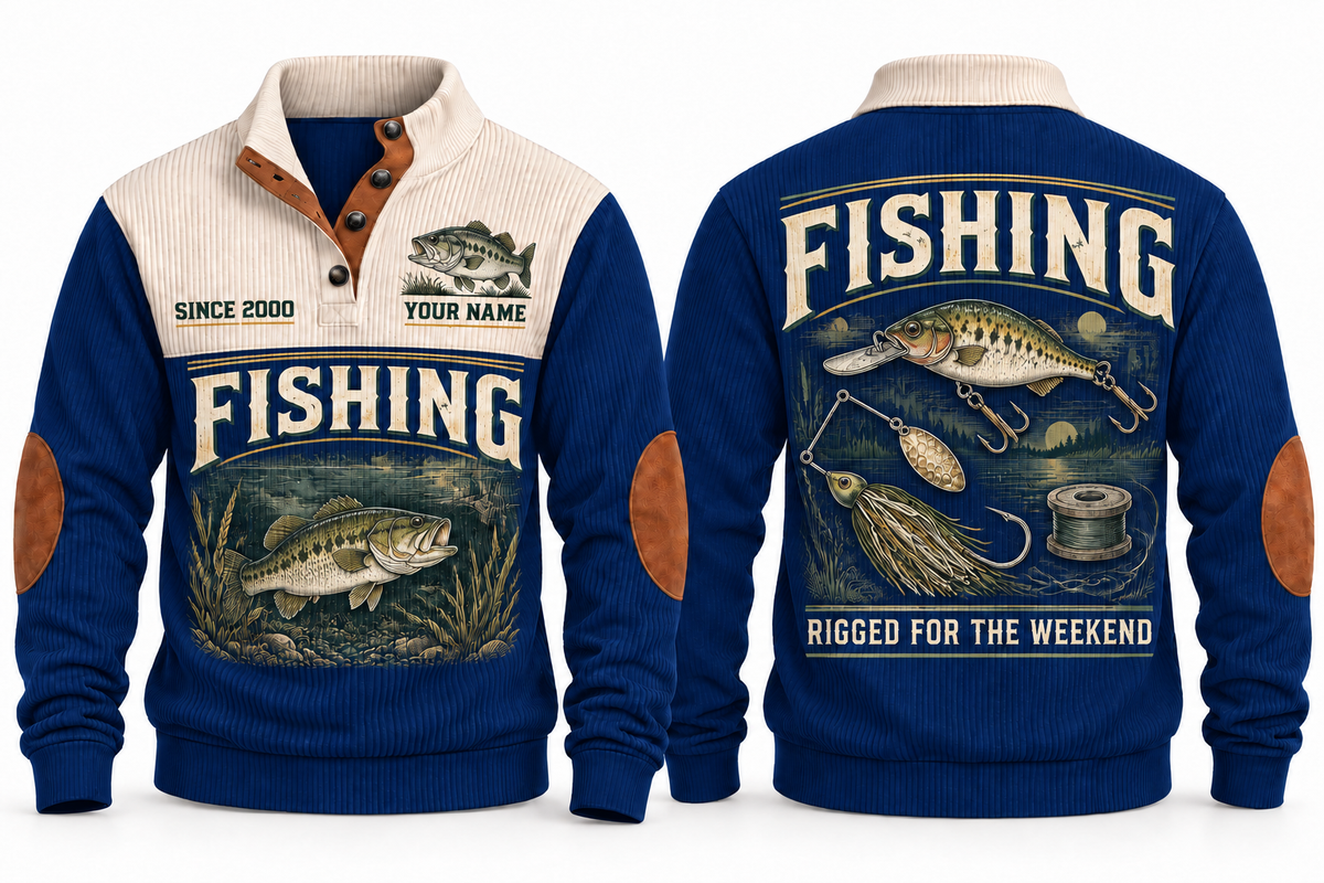 Rigged for the Weekend personalized fishing sports sweatshirt in Navy, front and back