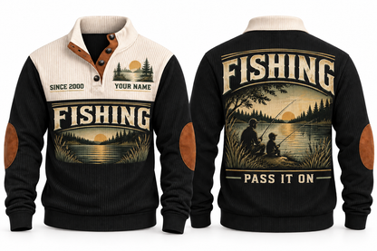 Pass It On personalized fishing sports sweatshirt in Black, front and back