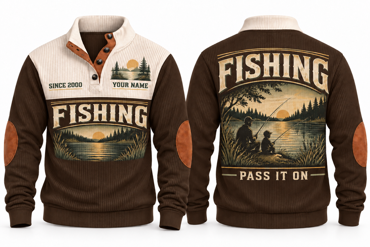 Pass It On personalized fishing sports sweatshirt in Brown, front and back