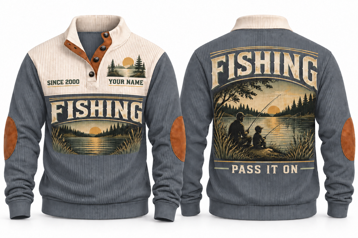 Pass It On personalized fishing sports sweatshirt in Grey, front and back
