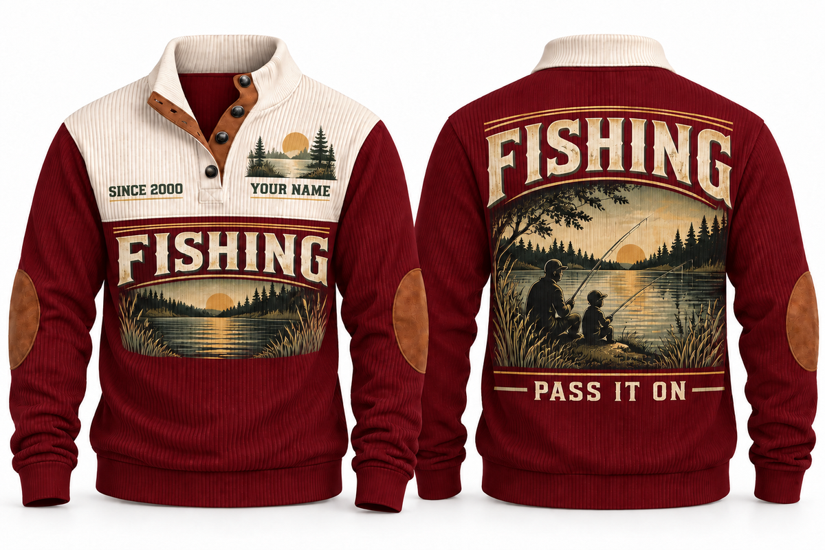 Pass It On personalized fishing sports sweatshirt in Jujube Red, front and back