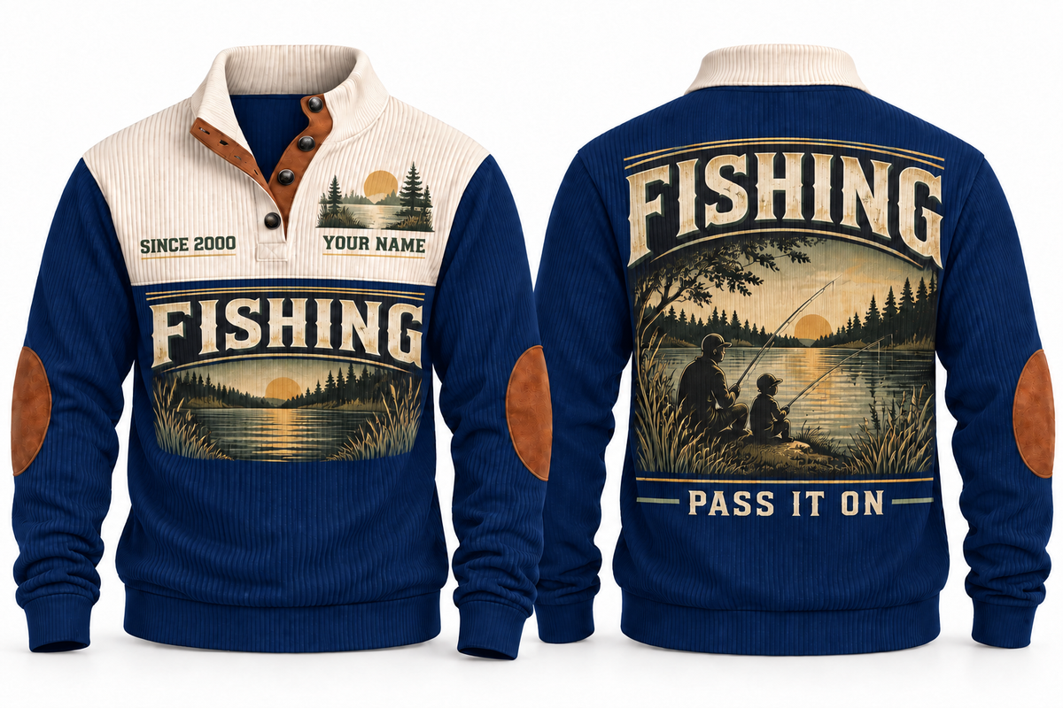 Pass It On personalized fishing sports sweatshirt in Navy, front and back