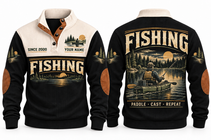 Paddle · Cast · Repeat personalized fishing sports sweatshirt in Black, front and back