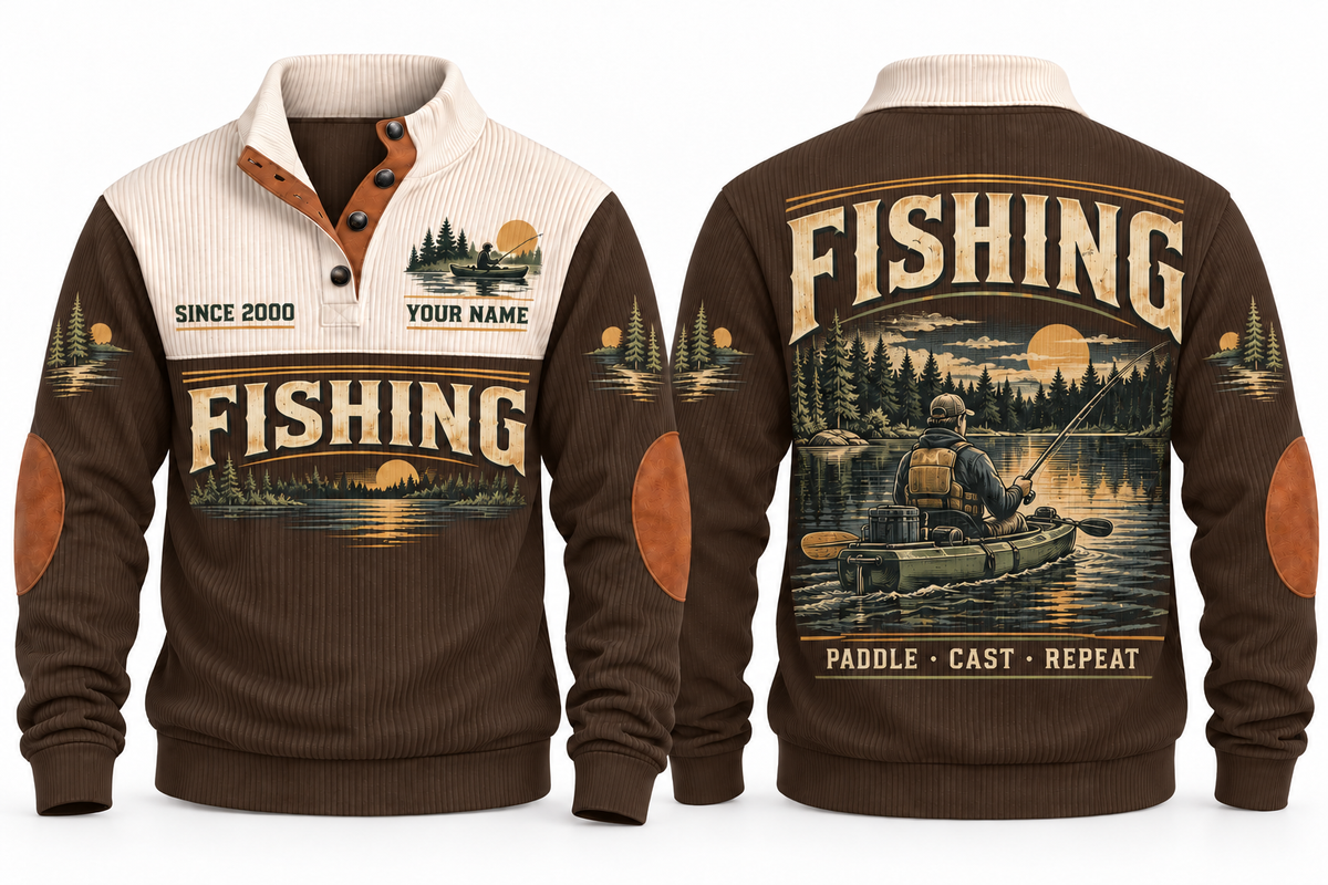 Paddle · Cast · Repeat personalized fishing sports sweatshirt in Brown, front and back