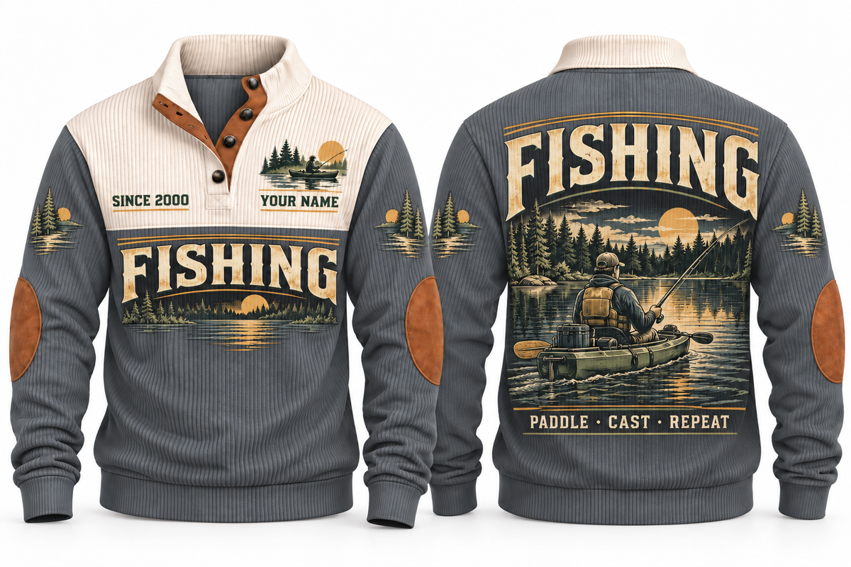 Paddle · Cast · Repeat personalized fishing sports sweatshirt in Grey, front and back
