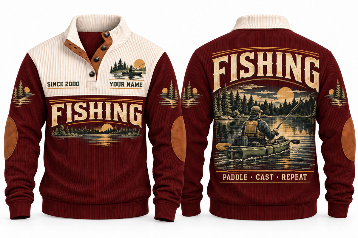 Paddle · Cast · Repeat personalized fishing sports sweatshirt in Jujube Red, front and back