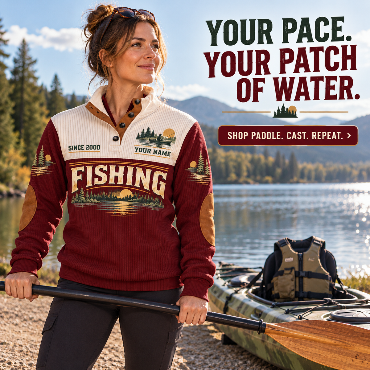 Paddle · Cast · Repeat | Fishing Personalized Sports Sweatshirt lifestyle mockup in Jujube Red