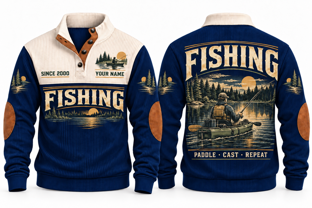 Paddle · Cast · Repeat personalized fishing sports sweatshirt in Navy, front and back