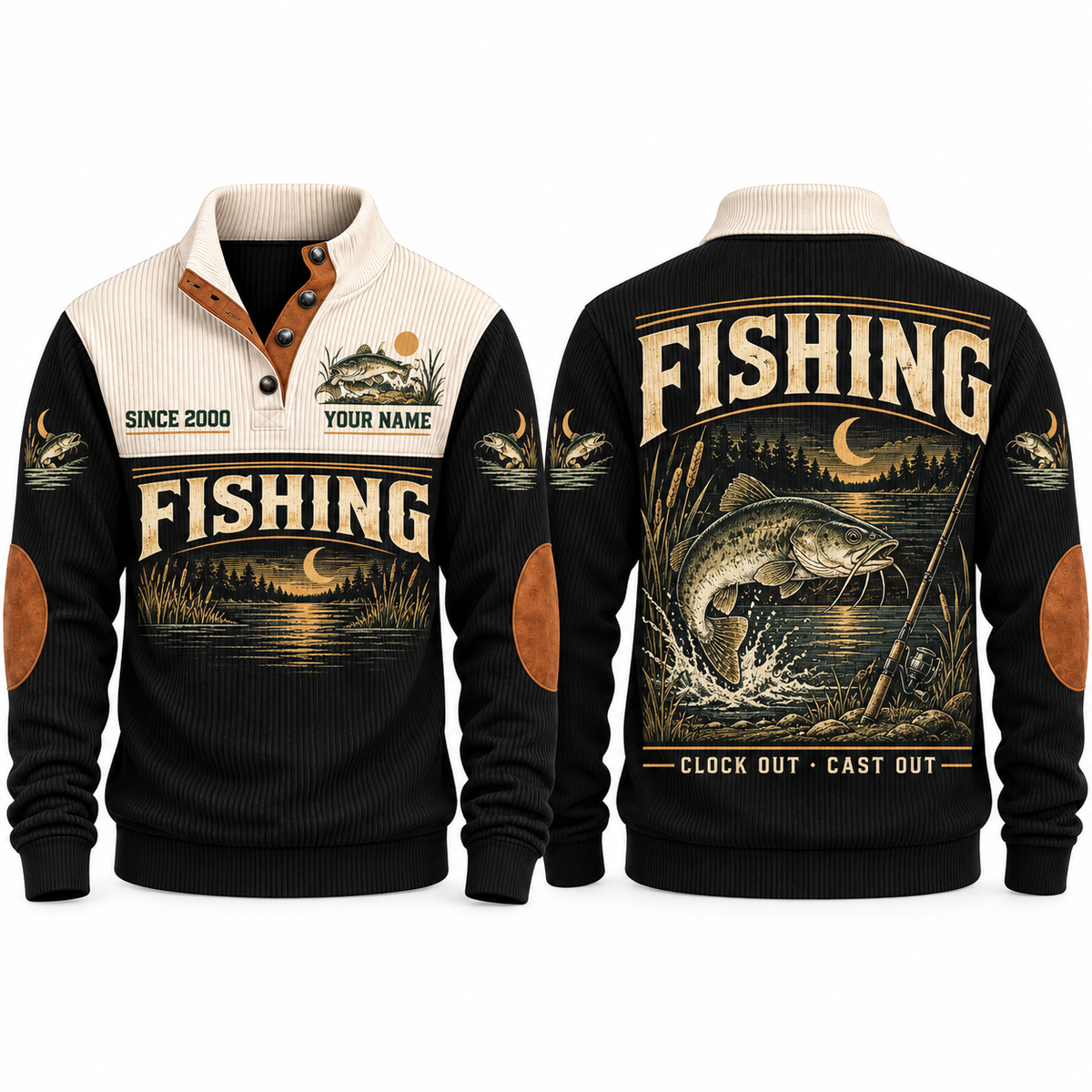 Clock Out · Cast Out personalized fishing sports sweatshirt in Black, front and back