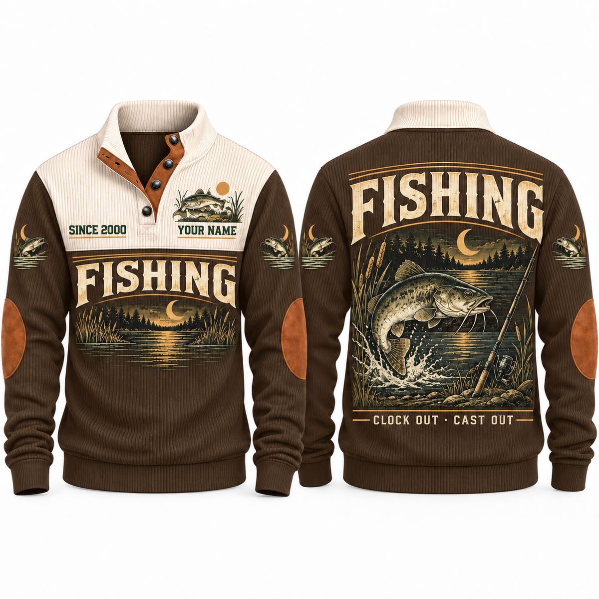 Clock Out · Cast Out personalized fishing sports sweatshirt in Brown, front and back