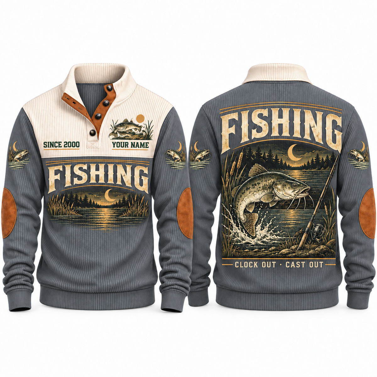 Clock Out · Cast Out personalized fishing sports sweatshirt in Grey, front and back