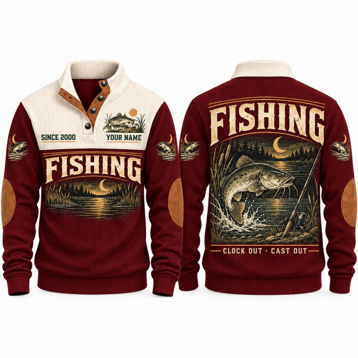 Clock Out · Cast Out personalized fishing sports sweatshirt in Jujube Red, front and back