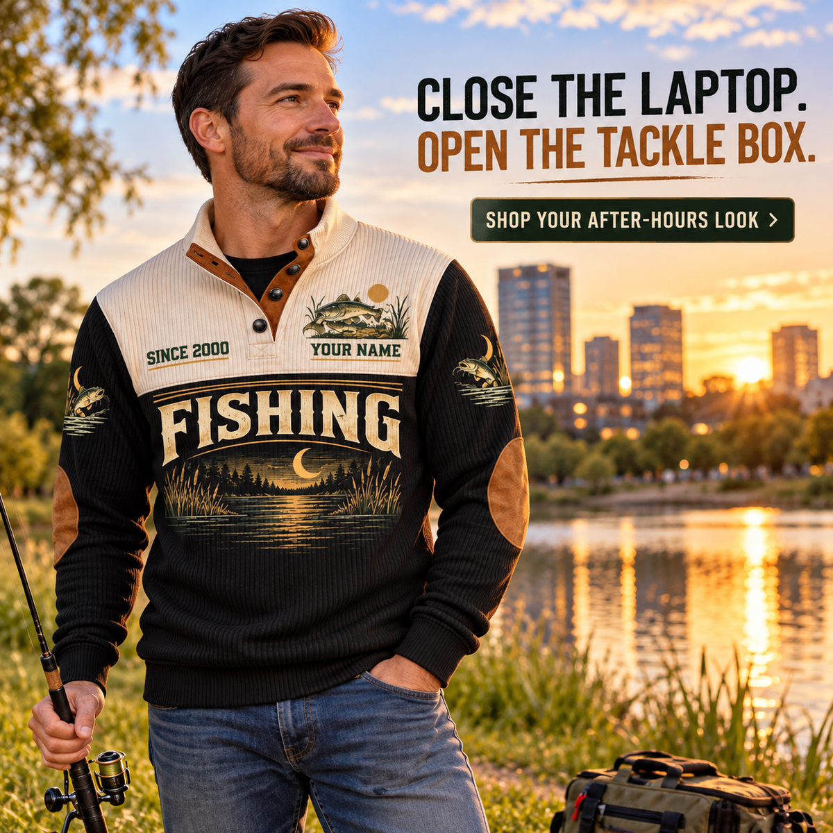 Clock Out · Cast Out | Fishing Personalized Sports Sweatshirt lifestyle mockup in Black