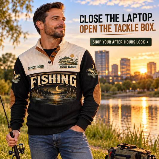 Clock Out · Cast Out | Fishing Personalized Sports Sweatshirt lifestyle mockup in Black
